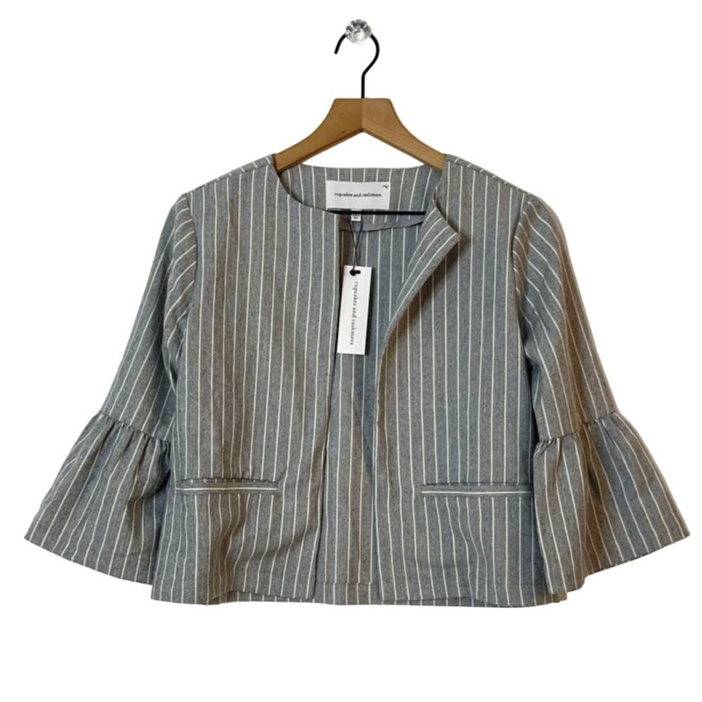 Cupcakes & Cashmere Gray and White Pinstripe Bell Sleeve Open Blazer Size XS NWT